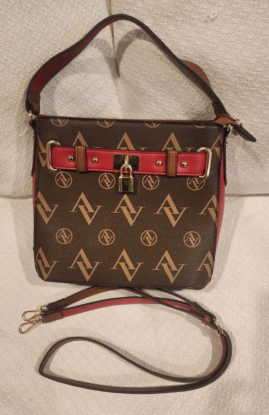 Adrienne Vittadini Red Brown Tote Purse Bag Crossbody W/Buckle Zip Closure